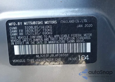 2020 Mitsubishi Mirage G4 Es z USA, uszkodzony, nr VIN ML32F3FJ9LHF08388